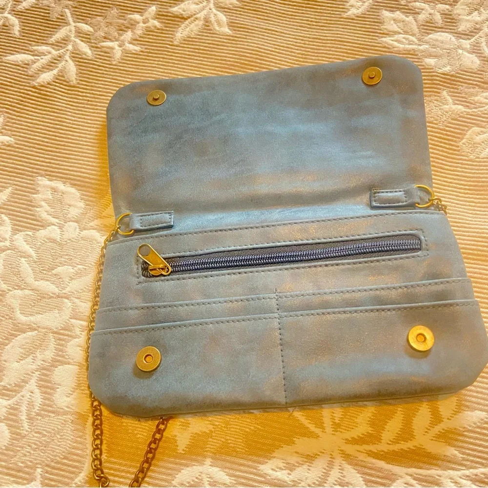 Elegant Dark Blue Green Clutch Purse with Gold Bow